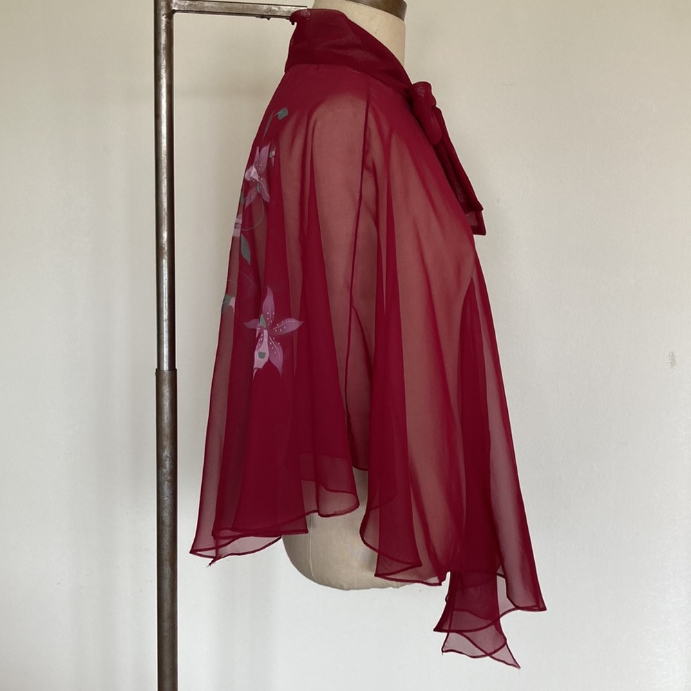 70s 2-piece set, maxi sleeveless dress and sheer floral capelet, burgundy, S - Picture 14 of 16